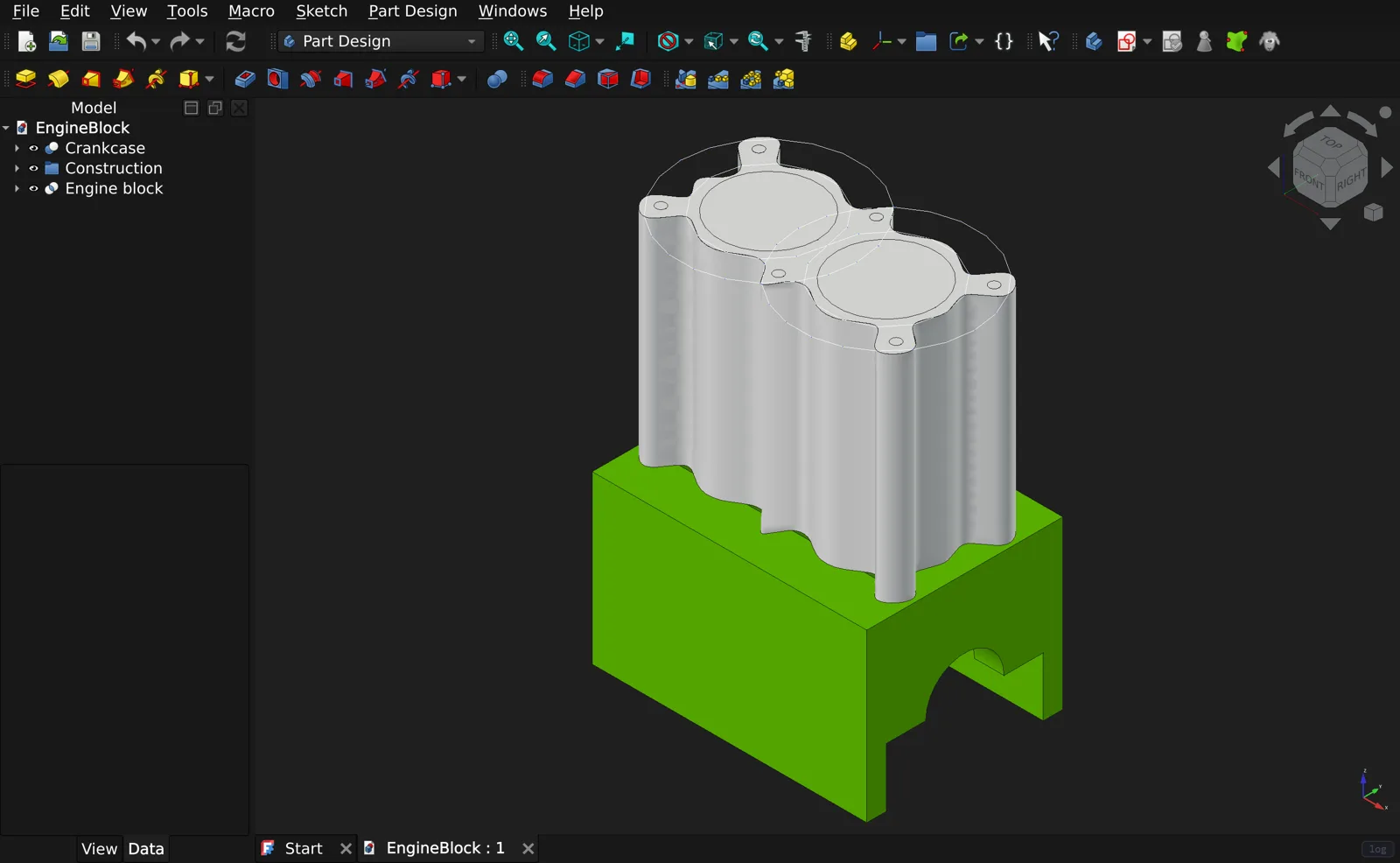 An engine block modeled with the OpenCASCADE kernel, rendered live in the 3D view.