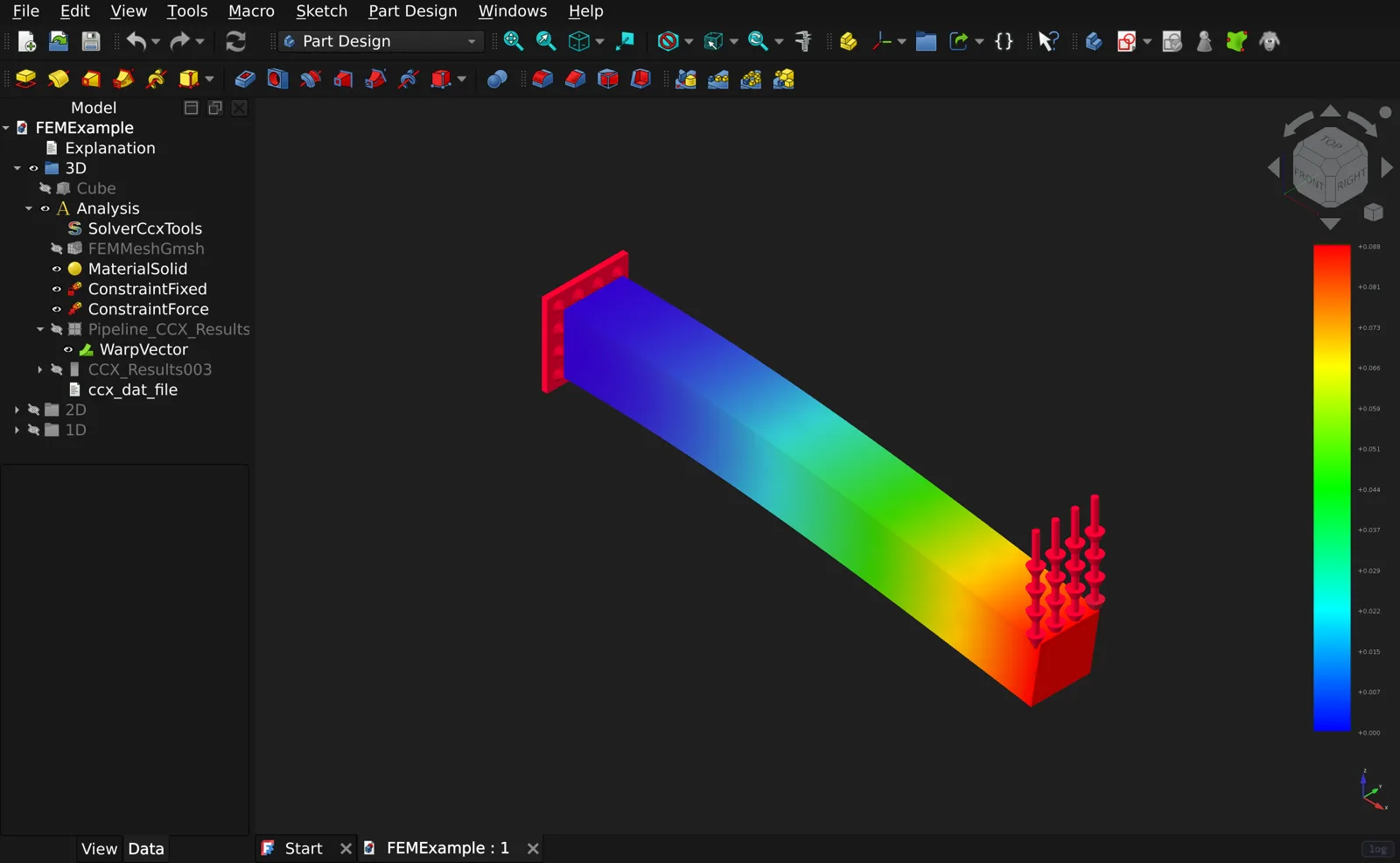The FEM workbench with a solved cantilever: the CalculiX solver compiled to WebAssembly, run locally in the tab.