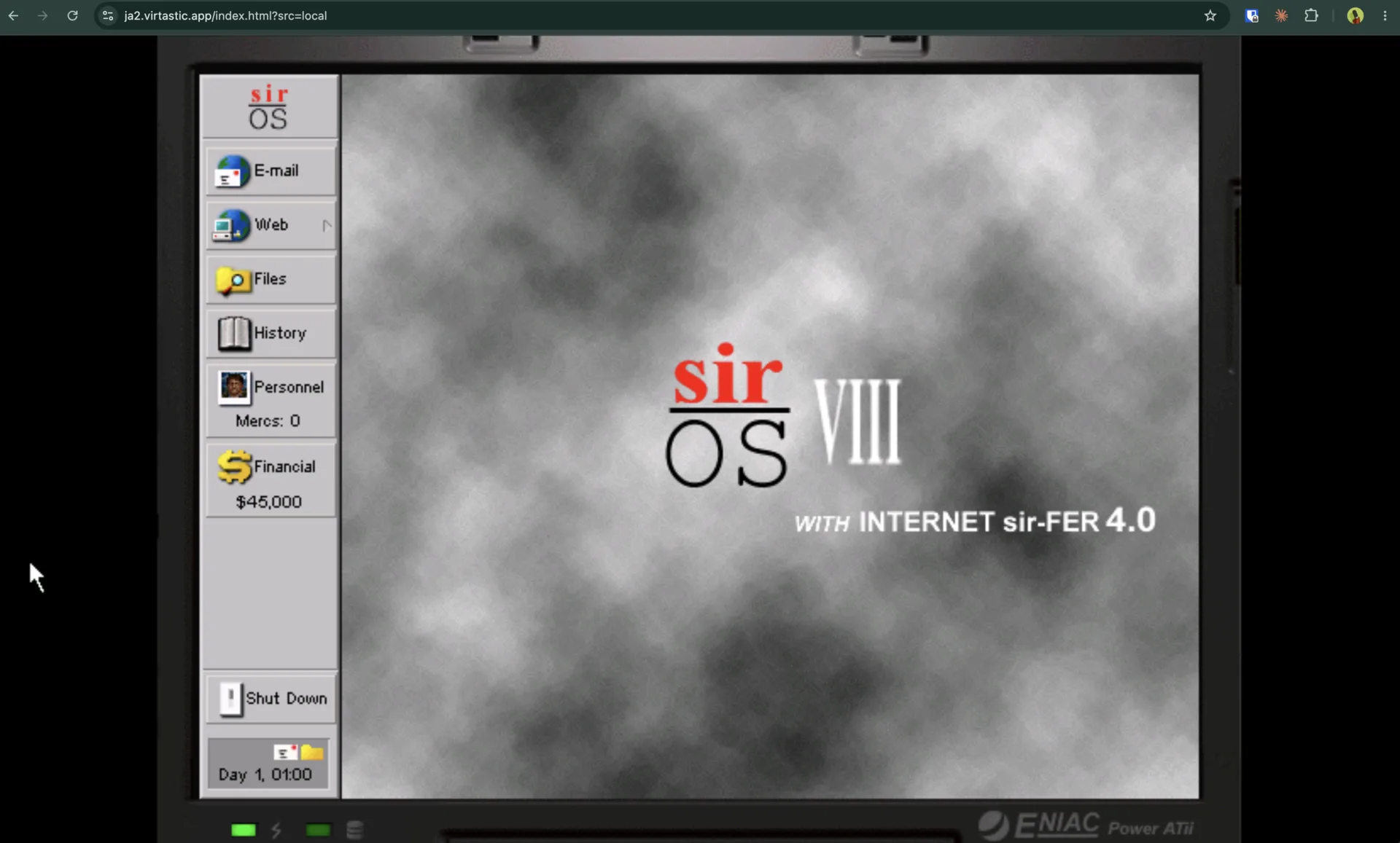 The in-game laptop, day one: hiring mercs and managing finances through the strategy layer, all client-side.