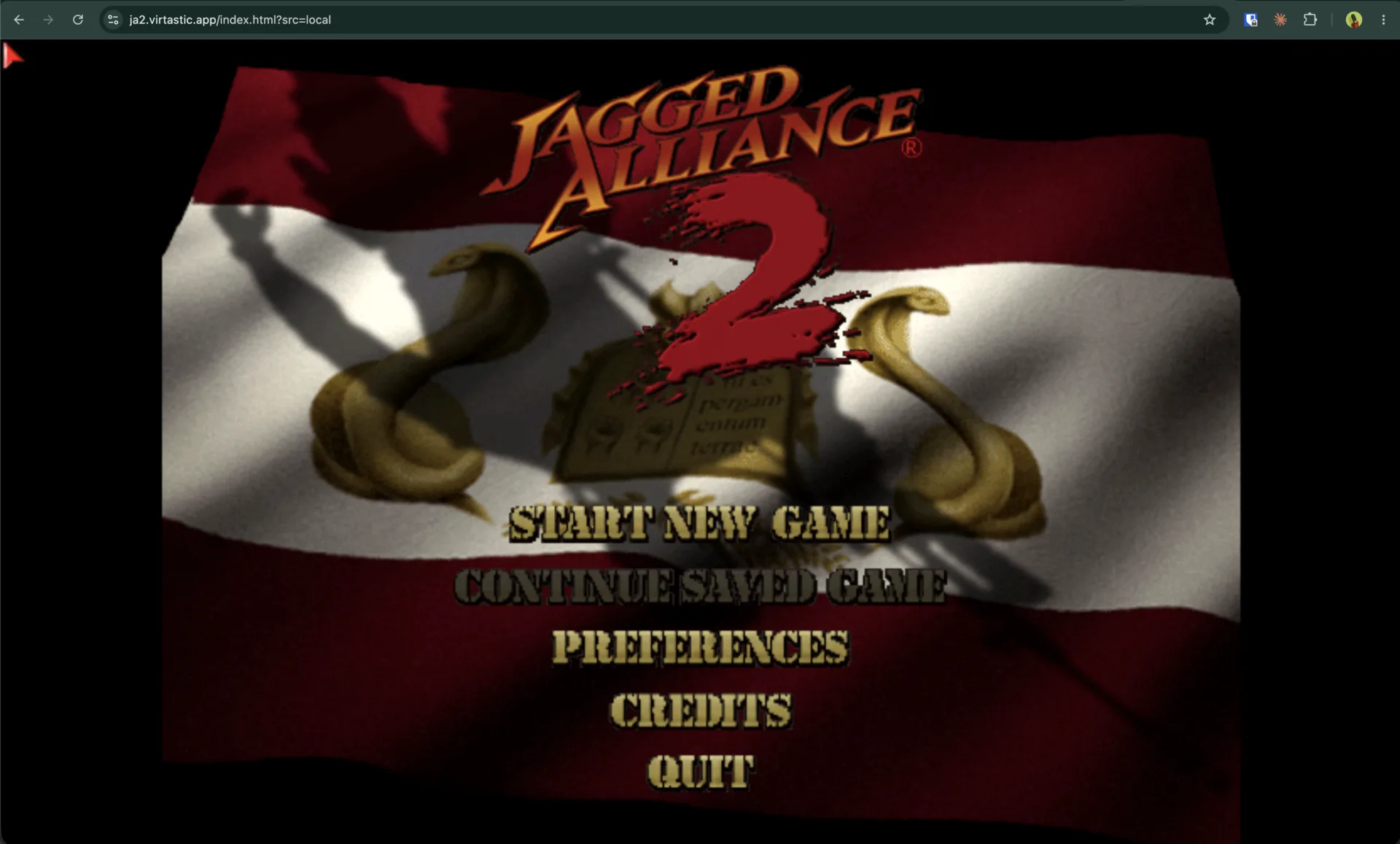 Jagged Alliance 2 booting to its main menu in a browser tab at ja2.virtastic.app, on the real Stracciatella engine.