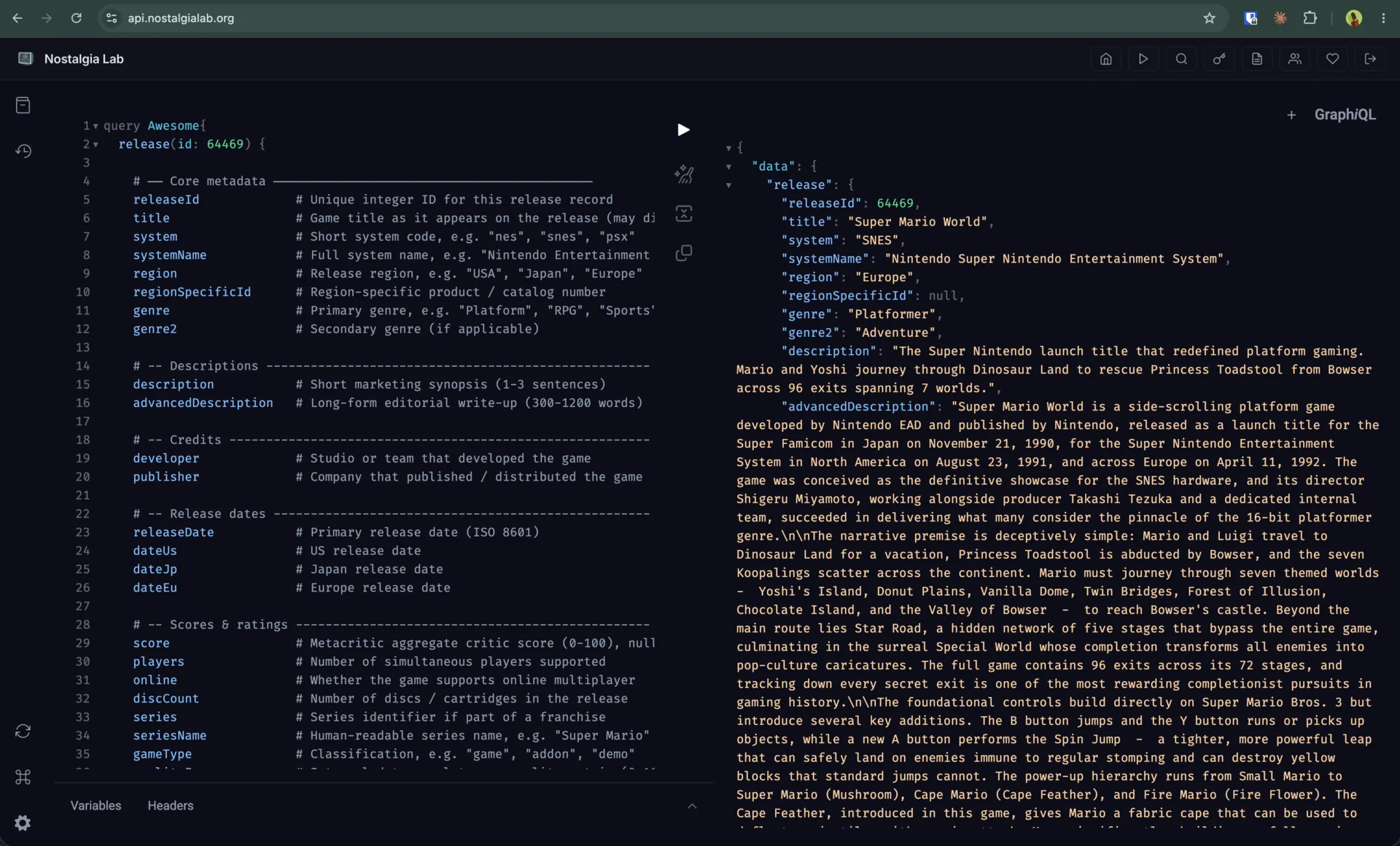 The public GraphQL API at api.nostalgialab.org: an annotated schema and a live query returning the full release record.