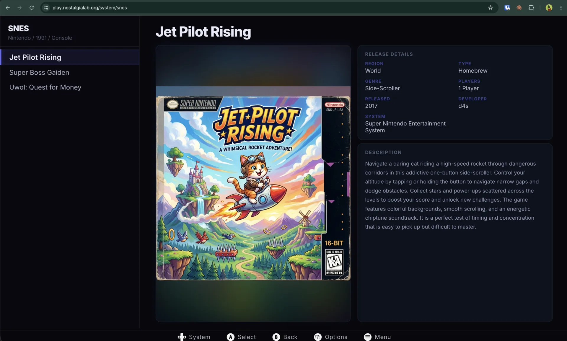 The library at play.nostalgialab.org, navigated like a console: a controller-driven system picker with box art and release details.