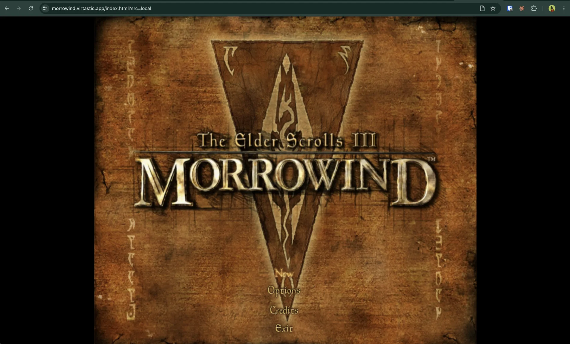 The real Morrowind title screen in a browser tab at morrowind.virtastic.app, theme music playing.